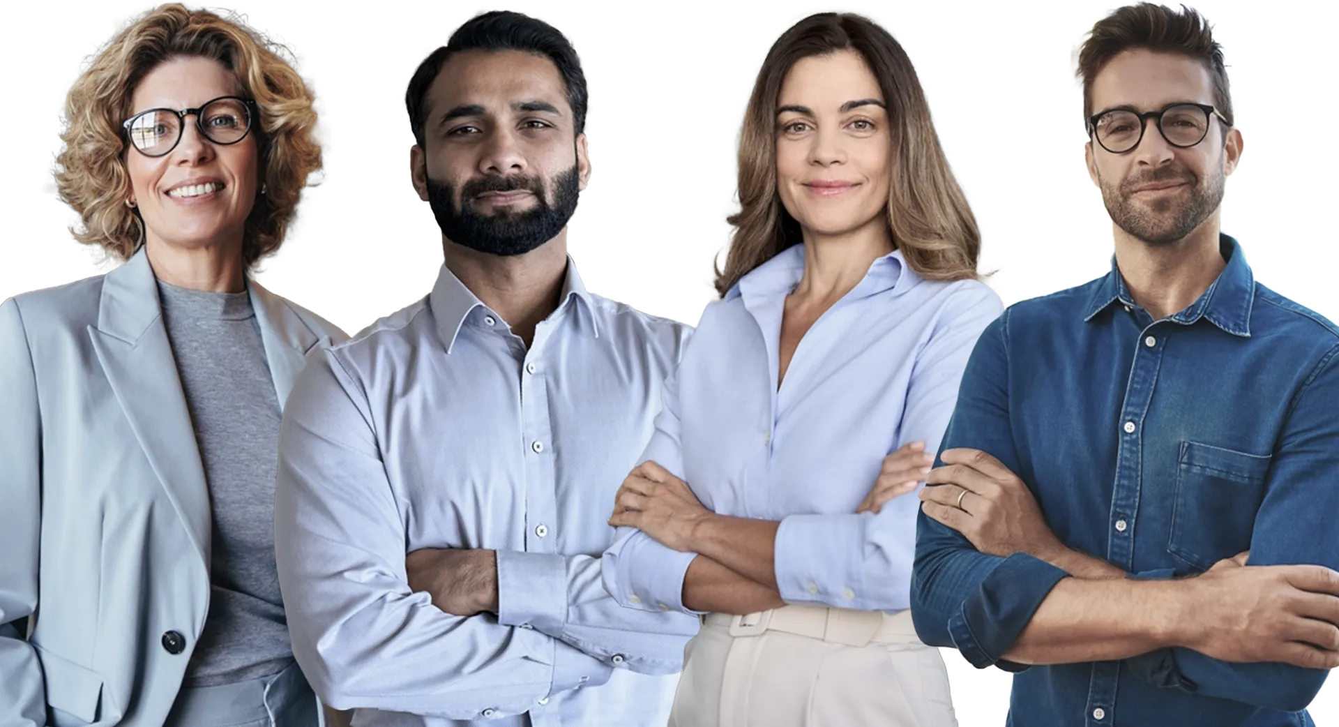 A diverse group of four confident professionals standing side by side with arms crossed, all smiling and dressed in business casual attire.